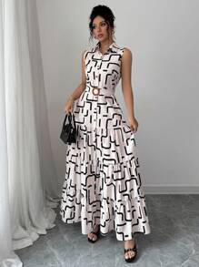 Elenzga New V-Neck Graphic Print Button Sleeveless Tie Cinched Waist Women Dress - Apricot - View 4