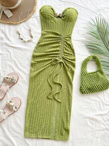 Soleia 优雅度假露肩贝壳结开衩抽绳长裙，春夏 - 綠色 - 查看 4
