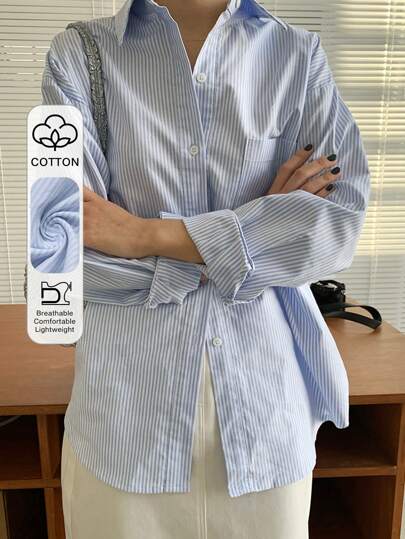 DAZY เสื้อเชิ้ตคอจีบแขนตก ลายทาง แขนยาว