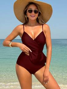 Swim Lushoire Conjunto de 2 piezas de tankini de traje de baño con parte superior triángulo y Bottom con volantes y cruz retorcida en color liso
