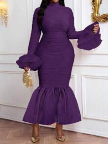 Fleurora Plus Size Elegant Party Solid Color Textured Flare Sleeve Fishtail Dress - Purple - View 6