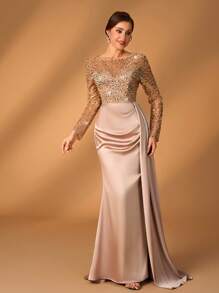 Serin 优雅华丽香槟色奢华细闪珠刺绣拼接缎面透视长袖心形褶饰修身鱼尾拼接飘逸件适合晚宴舞会单身派对节日音乐节婚礼活动新娘妈妈装重工晚礼服 - 香檳色 - 查看 7