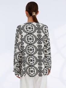 SHEIN Privé Women's Faux Embroidery Random Print Casual Vacation Versatile Retro Luxury Elegant V-Neck Long Sleeve Blouse Fall Cloth For Women