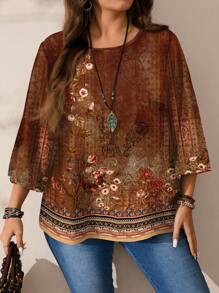 EMERY ROSE Plus Size Women Casual Allover Print Round Neck Loose 3/4 Sleeve Blouse, Suitable For Spring And Autumn Chic Blouses For Women