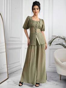 Solavon 2pcs/Set Women Solid Color Button Design Short Sleeve Shirt & Pants Suit - Green - View 3