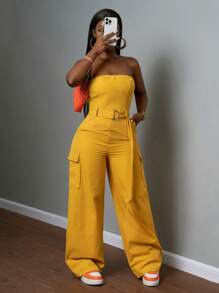 Slaydiva 2025 Summer New Arrival Music Festival, Easter, Western Style, Nomadic Style, St. Patrick's Day, Birthday Party, Graduation Season, Student Wear, Daily Outfit, Casual All-Match, Vacation, Cruise Travel, Beach, Sun-Bathing, Fashion, Street Style, Minimalist Casual, Utility Pockets, Strapless, Waist Tie, Metal Buckle, Yellow Women Jumpsuit - Yellow - View 5