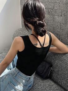 FRIFUL Áo ba lỗ cổ yếm ôm vừa vặn màu đen cho nữ, Áo ba lỗ mùa hè - màu đen - Xem 5
