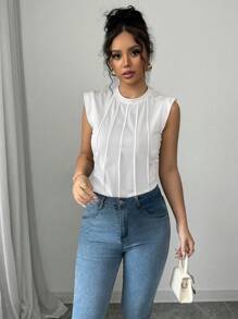 Chiquease Women White Round Neck Ruched Cap Sleeve T-Shirt - White - View 5