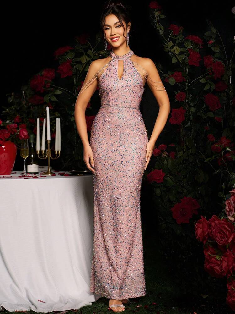 Coutiva Women Elegant Sequin And Rhinestone Chain Decorated Halter Neck Mermaid Evening Gown, Luxury Evening Long Dress, For Music Festival Spring/Summer, Party Dress, Wedding Guest Dress, Formal Dress - Baby Pink - View 7