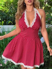 Flirla Đầm hở lưng chấm bi ren thanh lịch cỡ lớn, phong cách nghỉ dưỡng - Đỏ - Xem 1