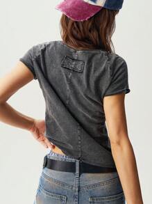 Bohemela Solid Color Knitted Crew Neck Short Sleeve Fitted Washed Women T-Shirt - Black - View 7