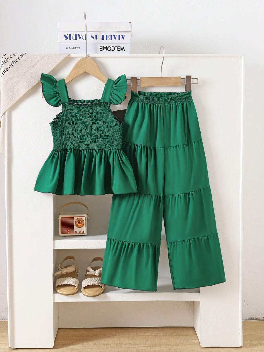 2pcs/Set Young Girl Cabling Craft Ruffle Hem Top With Cap Sleeve & Ruffle Trim Pants Set
