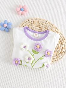 Cozy Pixies Bebê menina 3D floral malha macia gola redonda manga curta casual pullover top - Roxa - Ver 6