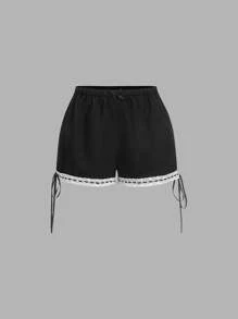 SHEIN MOD 女士蝴蝶结装饰时尚蕾丝边黑色短裤 - 黑色 - 查看 1