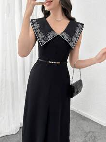 Modelyn Đầm dài giản dị không tay thêu cho nữ, thanh lịch và tối giản - màu đen - Xem 5