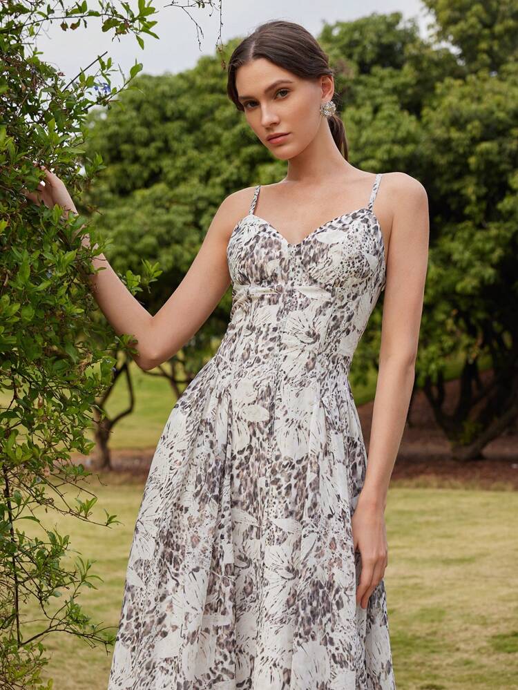 Women's French Elegant Chiffon Leopard Print Camisole Waist Flared Dress, Suitable For Festival, Going Out, Vacation Women Clothing Summer Dresses Boho Dresses For Women