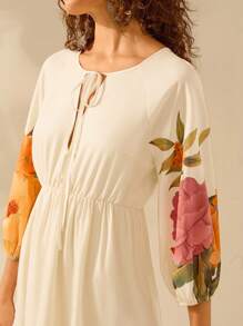 CAJUNI Women's Boho Floral Print Hollow Strap Bubble Sleeve Dress, Vacation Casual Tropical Beach Dress