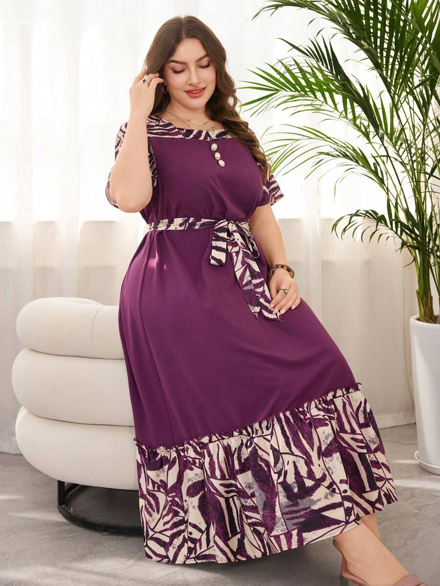 Lacomfia Plus Size Floral Print Patchwork Dress, Fashion - Purple - View 1