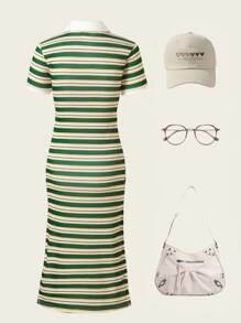 SHEIN Explorewe Vintage Ribbed Collar Girls Dress, Sporty Casual Campus Style Elastic Ribbed Knee Length Sundress For Teenage Girls, Suitable For Spring & Summer Daily Wear