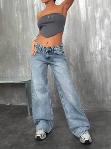 SHEIN Jeans décontractés à jambe large avec poches inclinées et taille basse