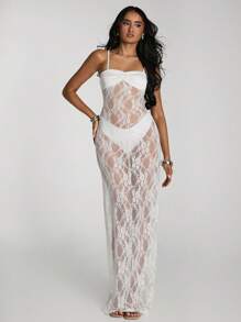 SHEIN BAE Women's Vacation Lace Ruffle Strap Fitted Coverup Dress - White - View 4