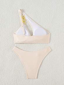 SHEIN Swim Women Beach Summer Outfits New Arrival Textured Material Metal Ring Decor Asymmetric Neck Design Bikini Set - Beige - View 7