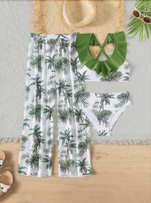 Tween Girl Vacation Palm Tree Print Ruffle Trim Bikini Set With Coverup And Pants (Print Design May Vary) - Multicolor - View 1