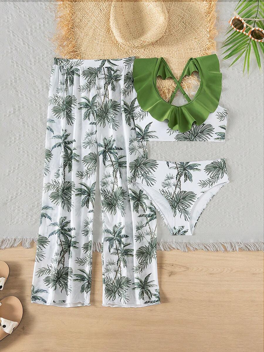 Tween Girl Vacation Palm Tree Print Ruffle Trim Bikini Set With Coverup And Pants (Print Design May Vary) - Multicolor - View 1