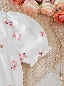 Set de 2 piezas con blusa de manga corta con estampado de oso de peluche blanco y falda pleateada rosa para niñas, estilo coreano para primavera/verano