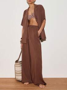 AiiRZ Wide Leg Linen Palazzo Pants Resort Wear Vacation Beach Loose Flowing Summer Trousers With Drawstring Waist Loungewear