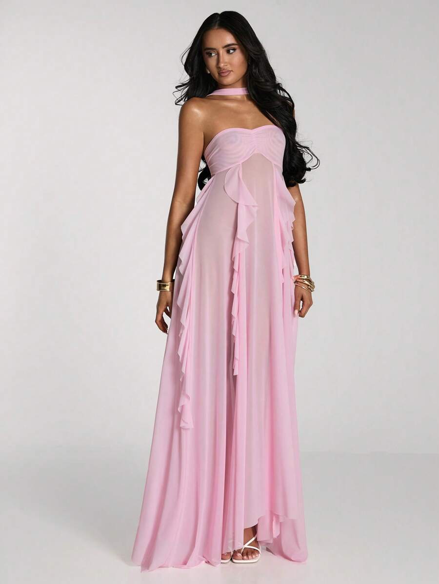 SHEIN BAE Women's Solid Color Ruffled Halter Backless Sleeveless Dress Coverup