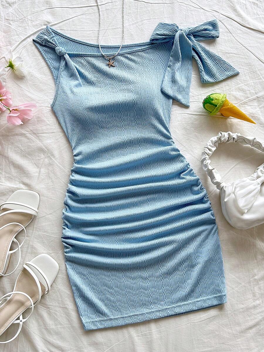 Soleia 女式度假针织纹理细肩带蝴蝶结后背蓝色紧身连衣裙