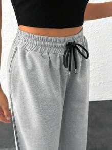 EURMUSE Women Side Stripe And Drawstring Detailed Sweatpant - Light Grey - View 6