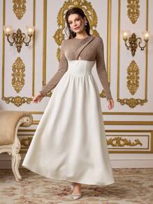 Modelyn Women's  Elegant Party Patchwork Color Cross Fit Long Sleeve Dress, Spring, Valentine's Day  Old Money  Festival   Modest   Sundress