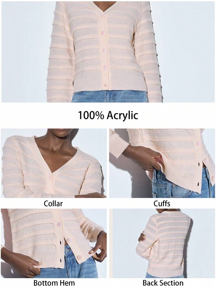 SHEIN Maija Cárdigan de punto casual de uso diario con cuello en V, botones frontales y mangas largas, en color rosa pálido con rayas onduladas, perfecto para el día de San Valentín y festivales