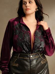 Anewsta Encore Red 优雅时尚长袖贴花天鹅绒亮面大码女式衬衫上衣，适合情人节和新年装扮