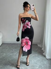 Elenzga Women's Strapless Flower Print Sexy Dress