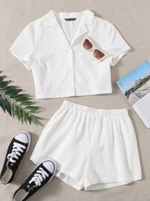 SHEIN EZwear Single Breasted Solid Shirt & Shorts Set