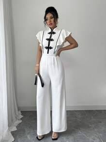 SHEIN Unity Women's Elegant Ruffle Trim Chinese Button Front Jumpsuit, Summer - Beige - View 6