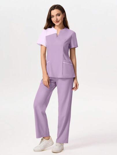 TaskEZ Scrub Uniform Set, Colorblock Short Sleeve Pocked T-Shirt And Pants For Women Women Scrub Sets Women Scrubs Women Clothing 2 Pieces