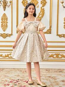 SHEIN Tween-Mädchen 2-teiliges Set, eleganter Anzug mit offener Schulter, Puffärmeln, Schleife, Bluse und Rock