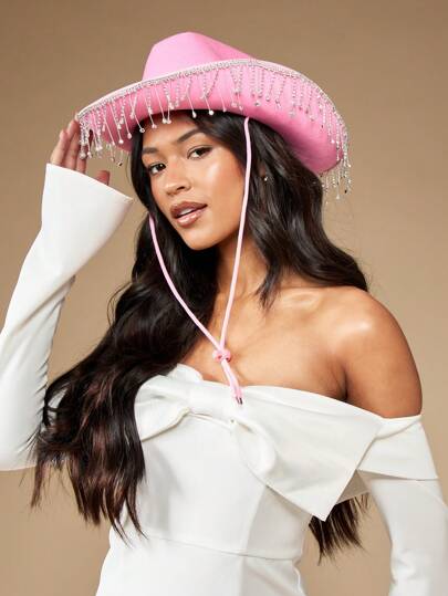 MISSGUIDED Sparkly Rhinestone Fringe Cowgirl Western Hat Adjustable Chin Strap Statement Brim Festival Party Holiday Headwear Concert Accessories Glamorous Rancher