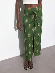 Maija Asymmetrical Print Twist Design Mid-Waist Women Skirt, Comfortable Casual Versatile For Autumn/Winter, Beach, Music Festival, Bohemian Style, Island Resort,Halloween,Fall Clothes For Women Beach Outfit For Women