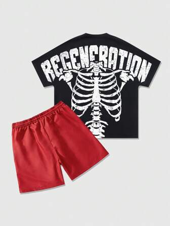 Goth Set de 2 piezas de camiseta y shorts con estampado de esqueleto de moda vacacional para hombre
