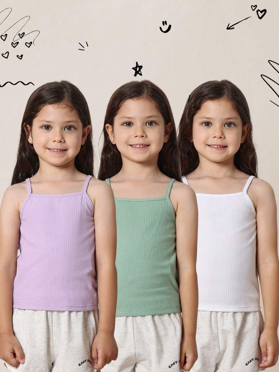 SUMWON Paquete de 3 camisetas de tirantes acanaladas esenciales para niñas, top básico sin mangas para verano, con elástico en 4 direcciones, ropa interior deportiva para danza - Multicolor - Ver 1
