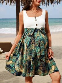 SHEIN Maternity Tropical Plant Print Sleeveless Casual Dress For Holiday Vacation Outfits Woman Beach