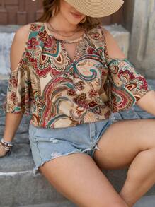 SHEIN VCAY Plus Size Women Floral Print Off Shoulder Short Sleeve Casual Bluzka Boho Women Clothing Boho Outfits Women Boho Bluzka