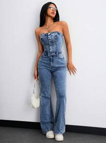 Jeanoix 女士休闲牛仔连体裤，简约时尚日常穿着 - 中等水洗藍 - 查看 4