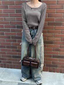 FRIFUL Damski, prześwitujący top z falbanką w kształcie serca, dopasowany, z długim rękawem, jesienne ubrania