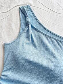 Soleia 女式度假针织纹理细肩带蝴蝶结后背蓝色紧身连衣裙